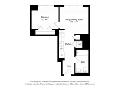 Floor plan for 1 bed, 1 bath, 517 sqft